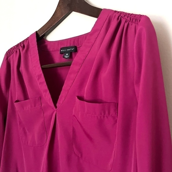 WILLI SMITH Women's V-Neck Fuchsia Long Sleeve Career Blouse Medium Relaxed Fit - Picture 2 of 12